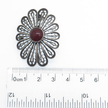925 Sterling Vintage Israel Real Carnelian Filigree Flower Oxidized Pin Brooch