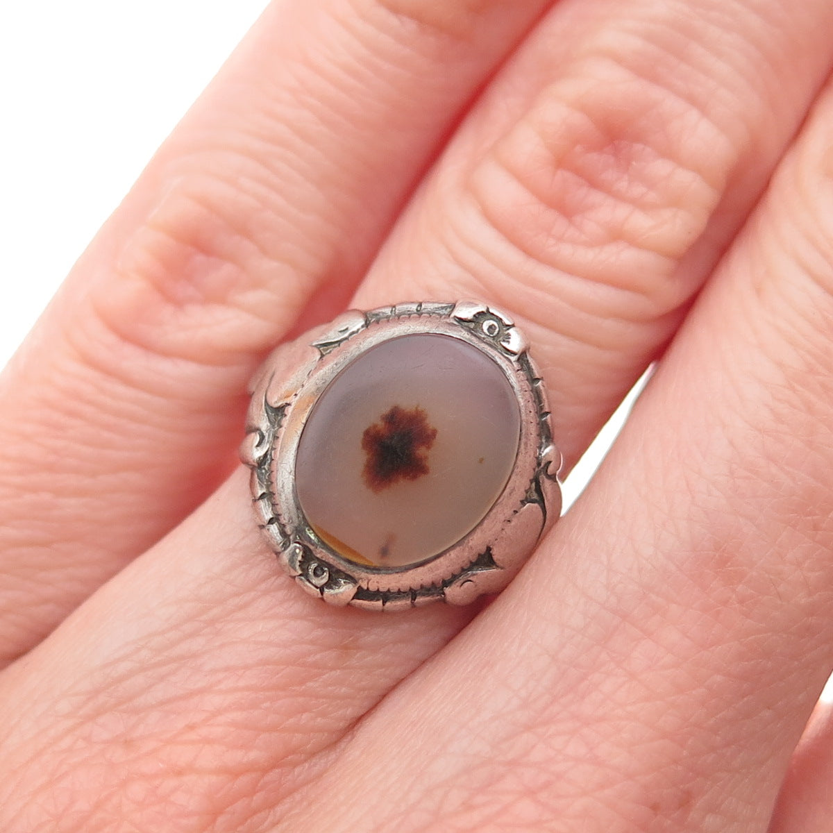 925 Sterling Silver Antique Victorian Real Agate Ring Size 6 (broken shank)