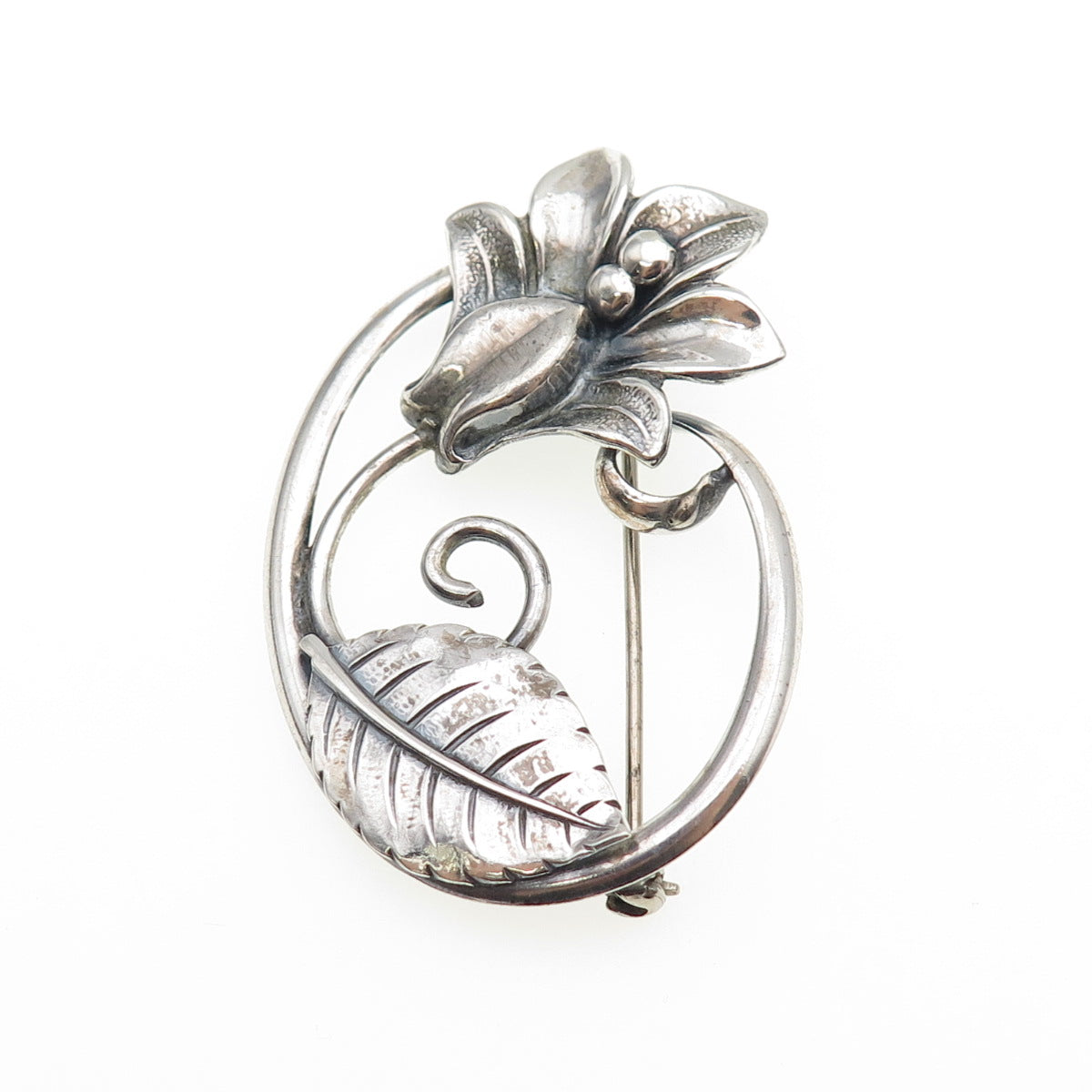 JEWELART 925 Sterling Silver Antique Art Deco Rose Flower Oxidized Pin Brooch