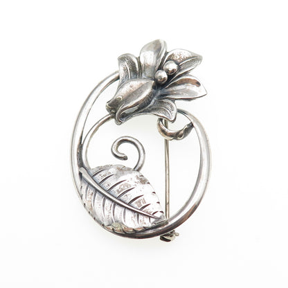 JEWELART 925 Sterling Silver Antique Art Deco Rose Flower Oxidized Pin Brooch
