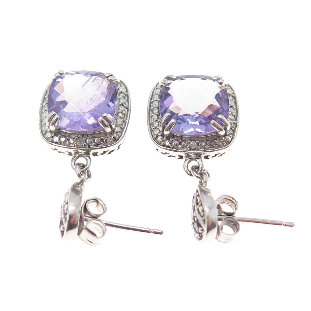 925 Sterling Silver Real Diamond Accent & Amethyst Dangle Earrings