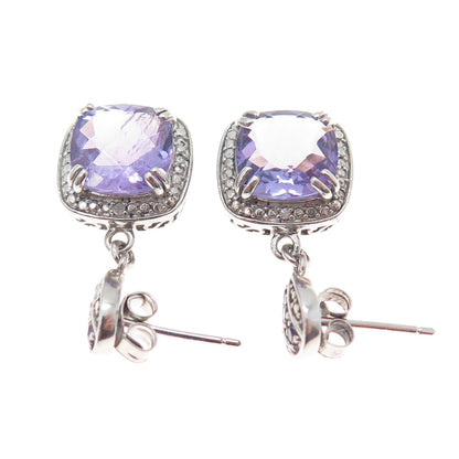 925 Sterling Silver Real Diamond Accent & Amethyst Dangle Earrings