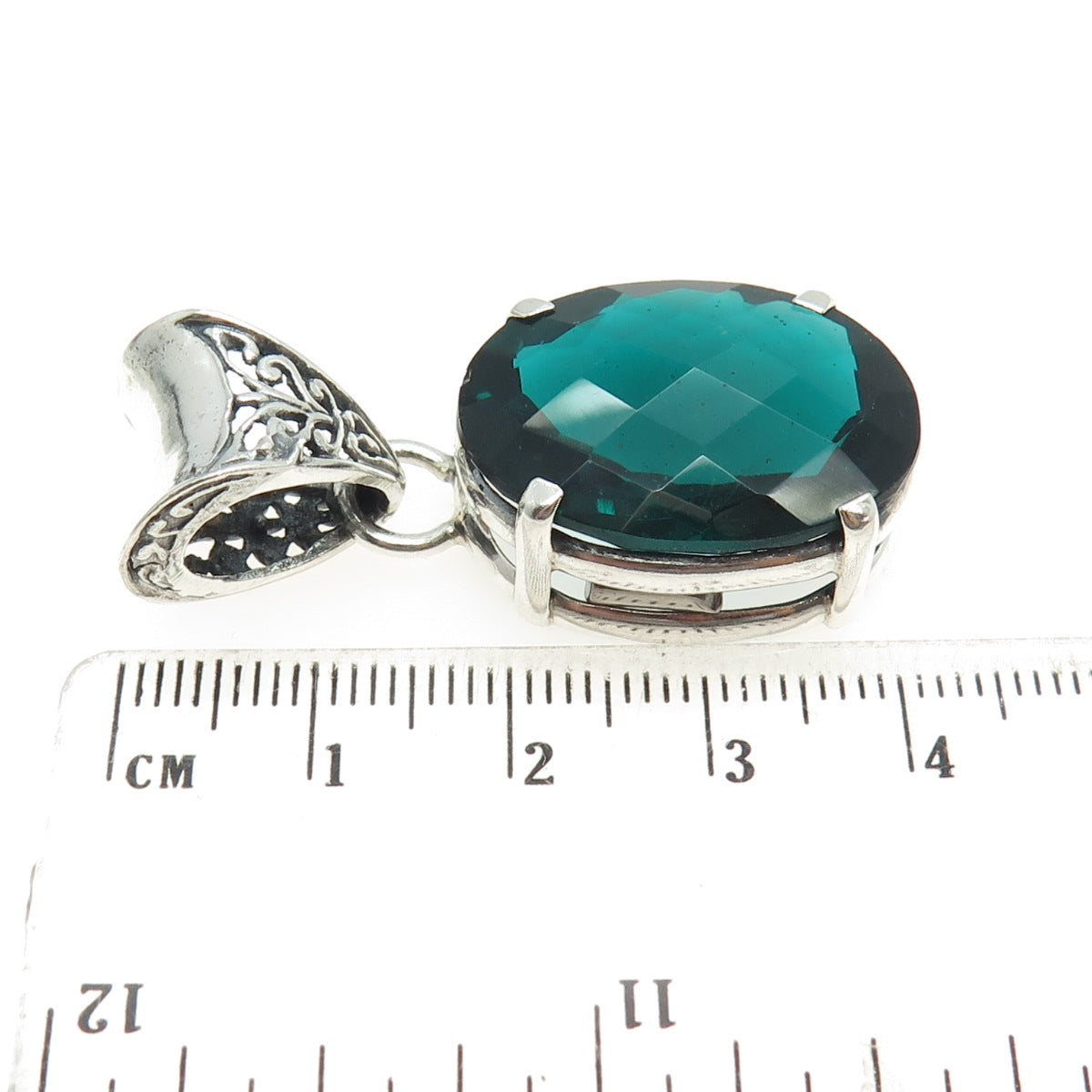 925 Sterling Silver Vintage Oval-Cut Dark Ocean Green Glass Ornate Pendant