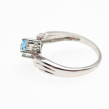 925 Sterling Silver Real Blue Topaz & C Z Bypass Ring Size 6