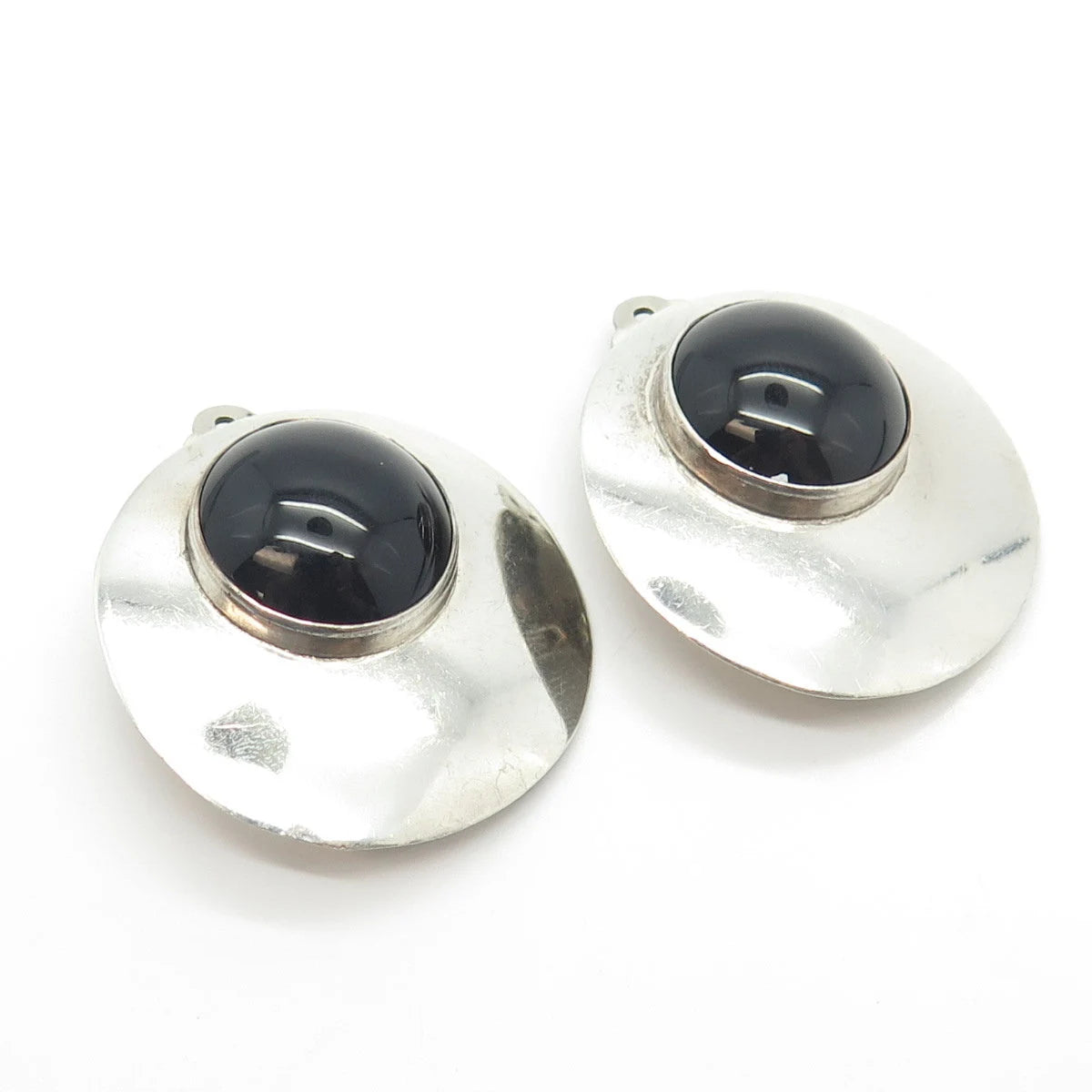 925 Sterling Silver Vintage Real Black Onyx Gem Disc Clip On Earrings