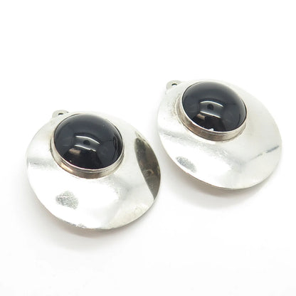 925 Sterling Silver Vintage Real Black Onyx Gem Disc Clip On Earrings