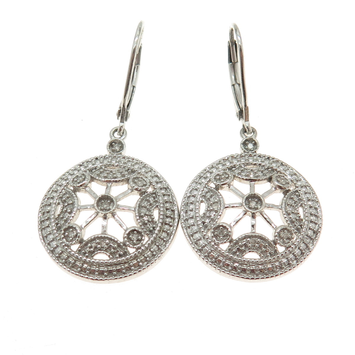 925 Sterling Silver Real Round-Cut Diamond Wheel of Fortune Dangling Earrings