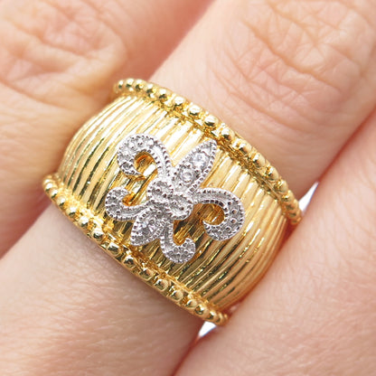 925 Sterling Silver Gold Plated Round-Cut Shaped C Z Fleur-de-Lis Ring Size 7.25