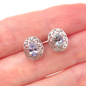 Chuck Clemency 925 Sterling Silver Real Oval-Cut Iolite Floral Stud Earrings