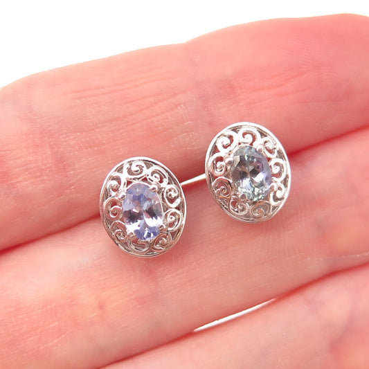 Chuck Clemency 925 Sterling Silver Real Oval-Cut Iolite Floral Stud Earrings