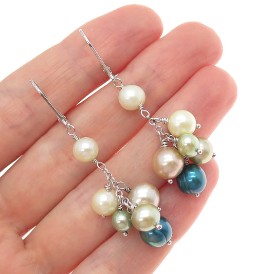 925 Sterling Silver Vintage Real Multi-Color Pearl Tassel Dangle Earrings