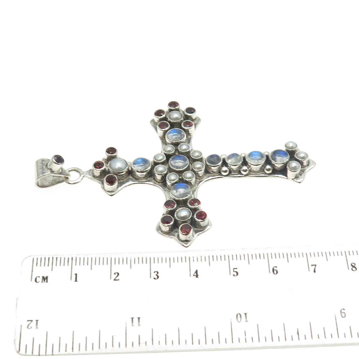 NICKY BUTLER Sterling Vintage Real Moonstone Pearl Garnet Amethyst Cross Pendant