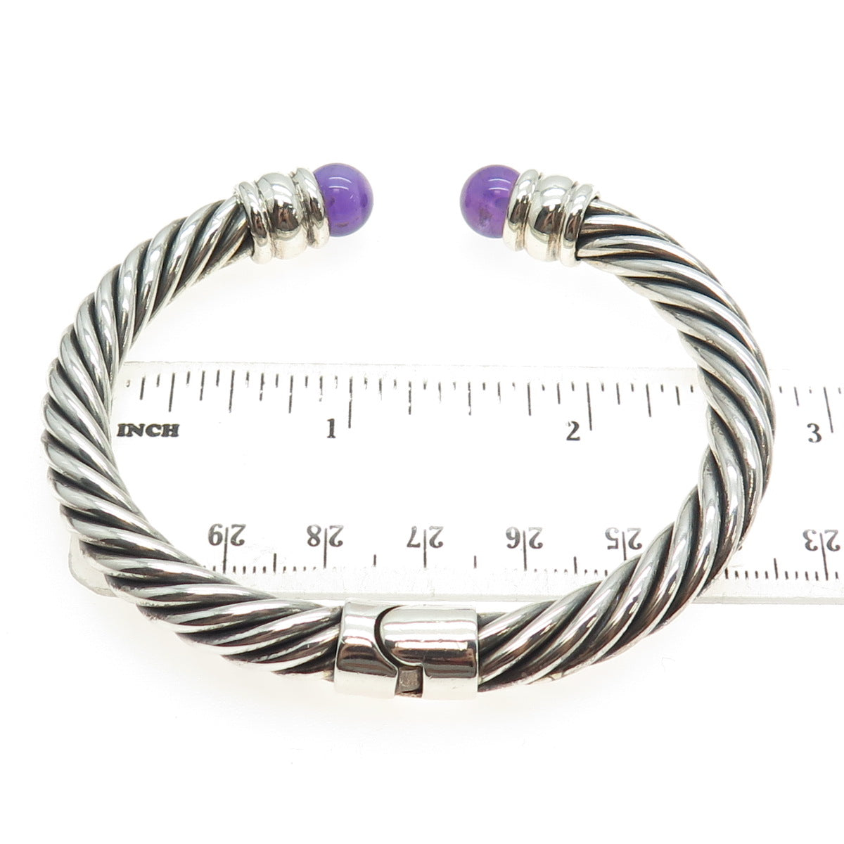 925 Sterling Silver Vintage Real Amethyst Twisted Cable Cuff Bracelet 7.25"