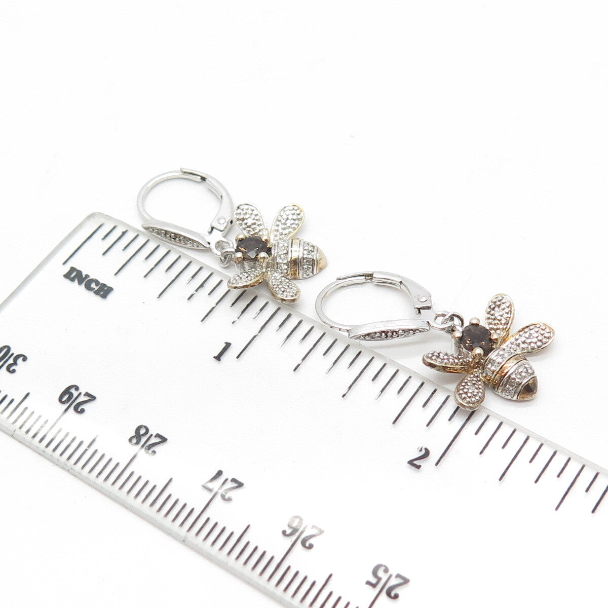 925 Sterling Silver Gold Plated White Diamond & Smoky Quartz Bee Drop Earrings