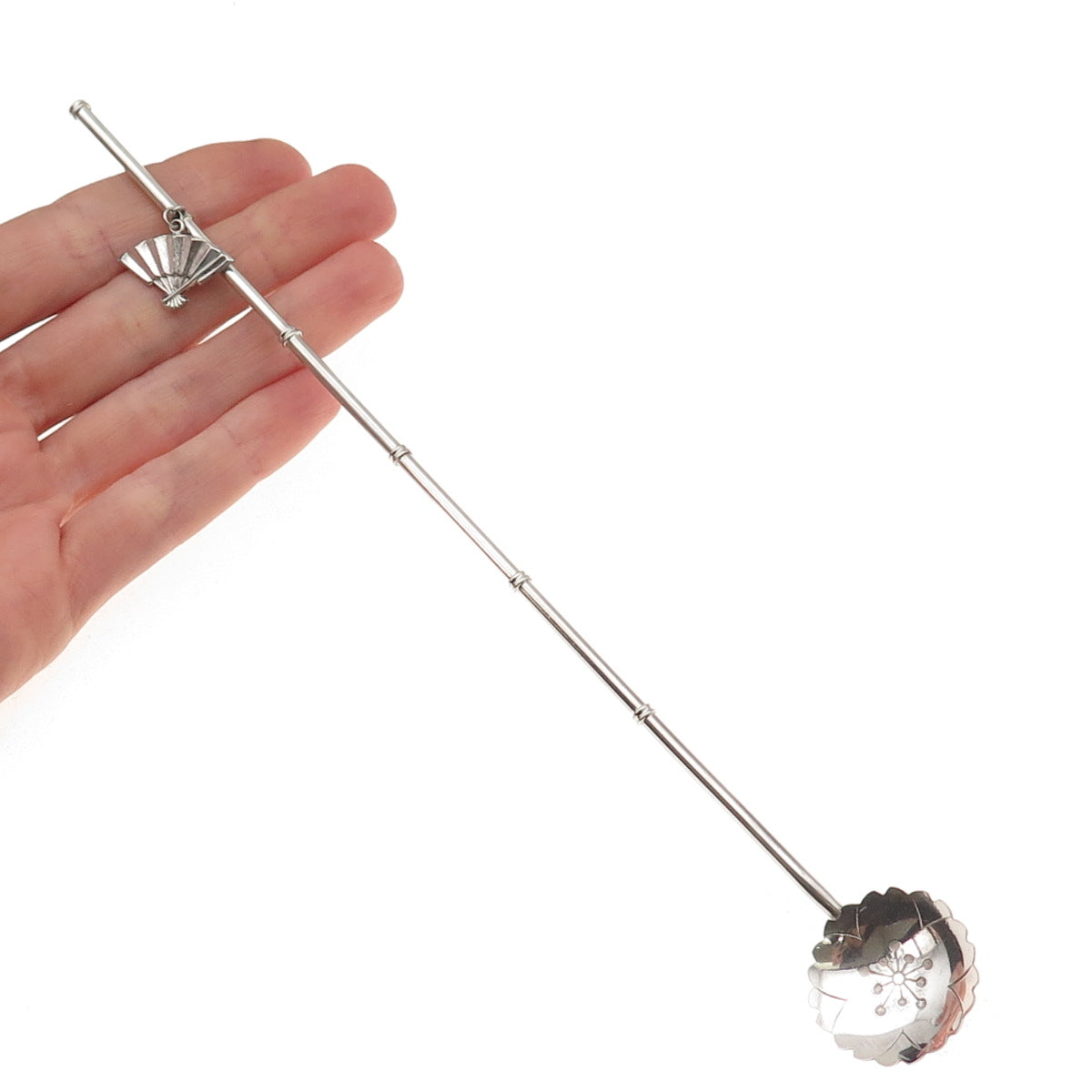 925 Sterling Silver Antique Japan Fan Charm Bamboo Iced Tea Straw Spoon