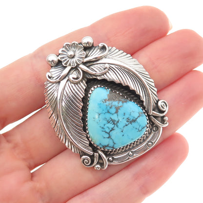 Old Pawn 925 Sterling Silver Vintage Morenci Turquoise Floral Pin Brooch Pendant