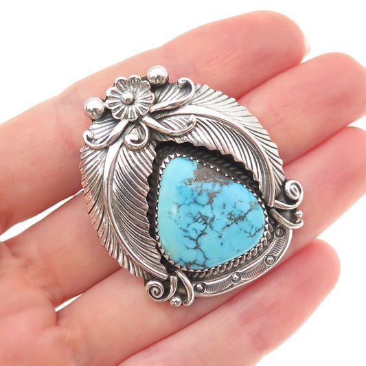 Old Pawn 925 Sterling Silver Vintage Morenci Turquoise Floral Pin Brooch Pendant
