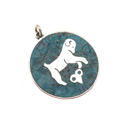 925 Sterling Silver Vintage Mexico Real Turquoise Aries Zodiac Charm Pendant