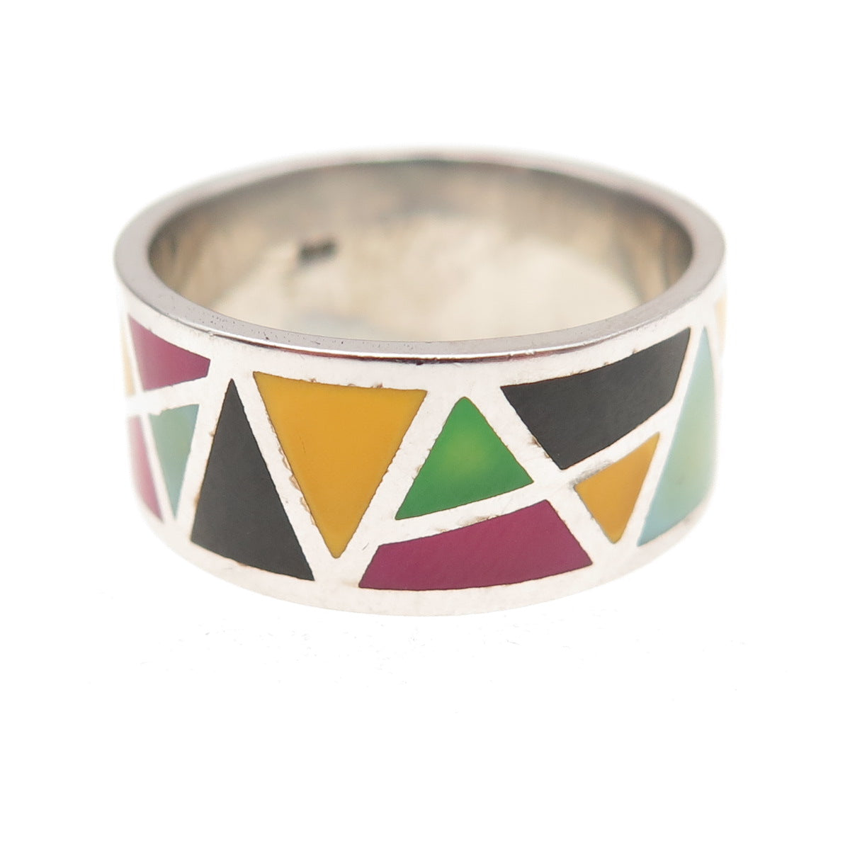 925 Sterling Silver Vintage Enamel Modernist Geometric Band Ring Size 8.25