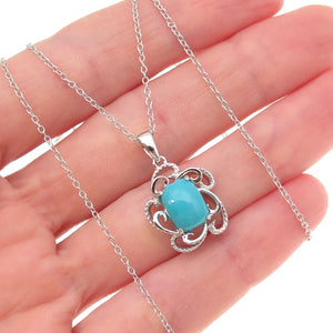 925 Sterling Silver Real Sleeping Beauty Turquoise Floral Chain Necklace 18"