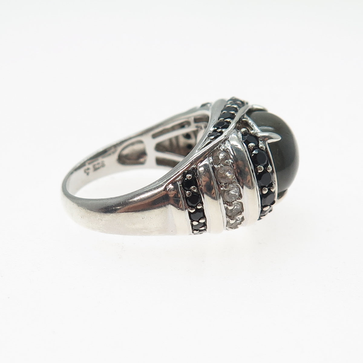 925 Sterling Silver Real Labradorite Black Spinel & White Topaz Ring Size 9