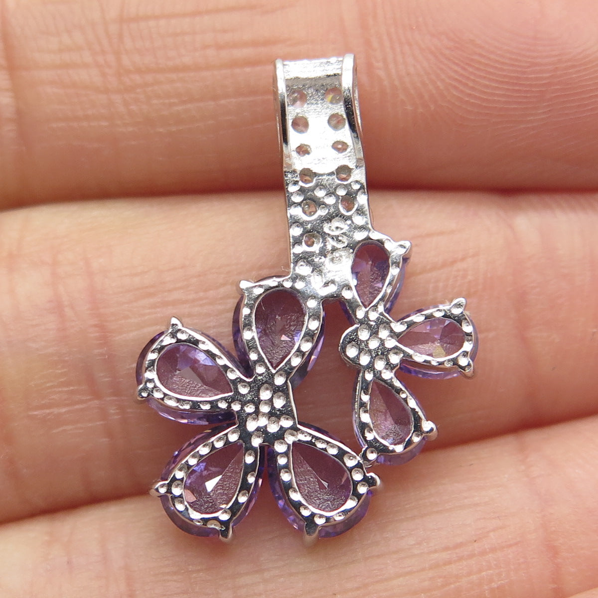 925 Sterling Silver Purple & White C Z Floral Pendant