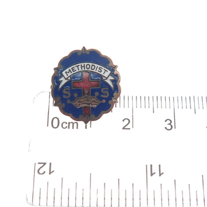 LITTLE SYSTEM CROSS & CROWN Gold Plated Antique Enamel Methodist Cross Brooch