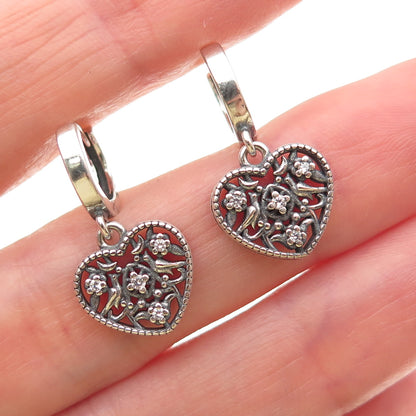 925 Sterling Silver Round-Cut C Z Heart Dangle Charm Hoop Earrings