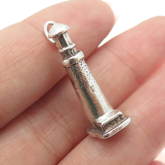 925 Sterling Silver Vintage Lighthouse 3D Charm Pendant