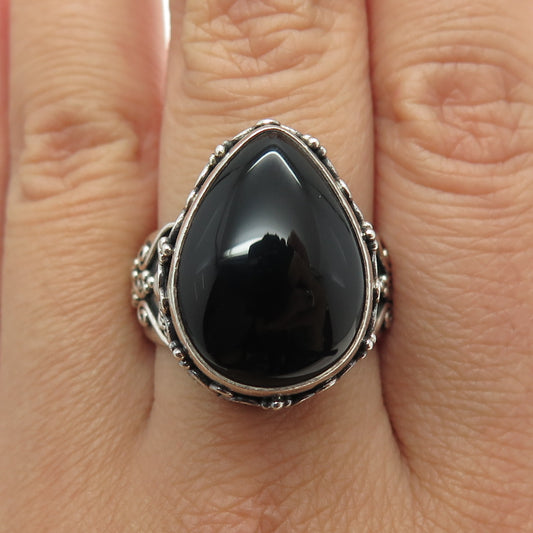 SUARTI BALI 925 Sterling Silver Vintage Real Black Onyx Gem Ornate Ring Size 10