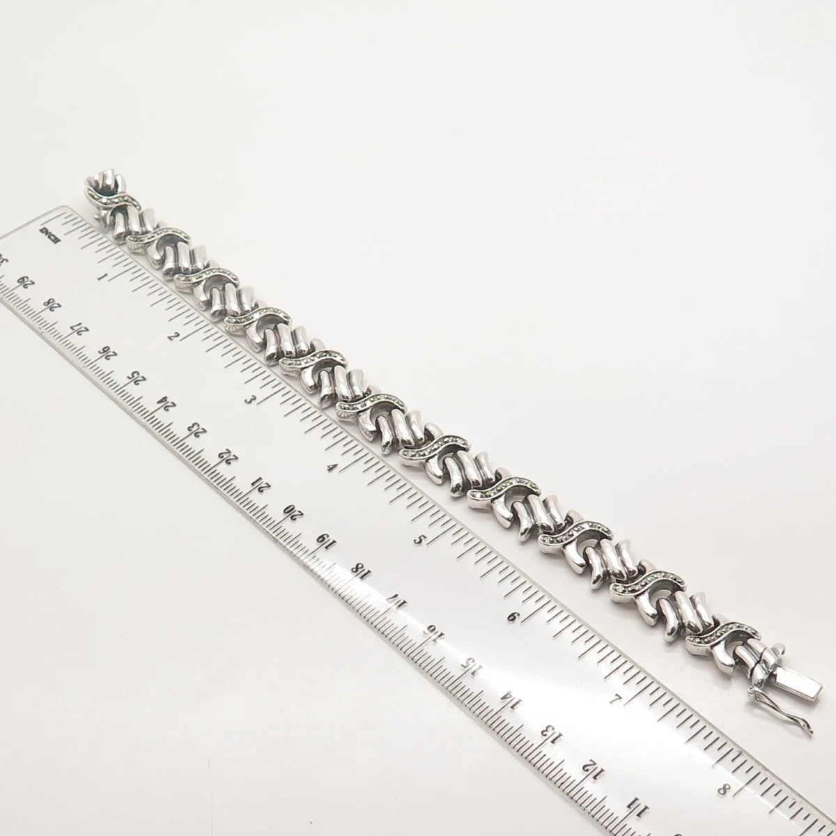 925 Sterling Silver Antique Real Marcasite Gem "X" Link Bracelet 7.25"
