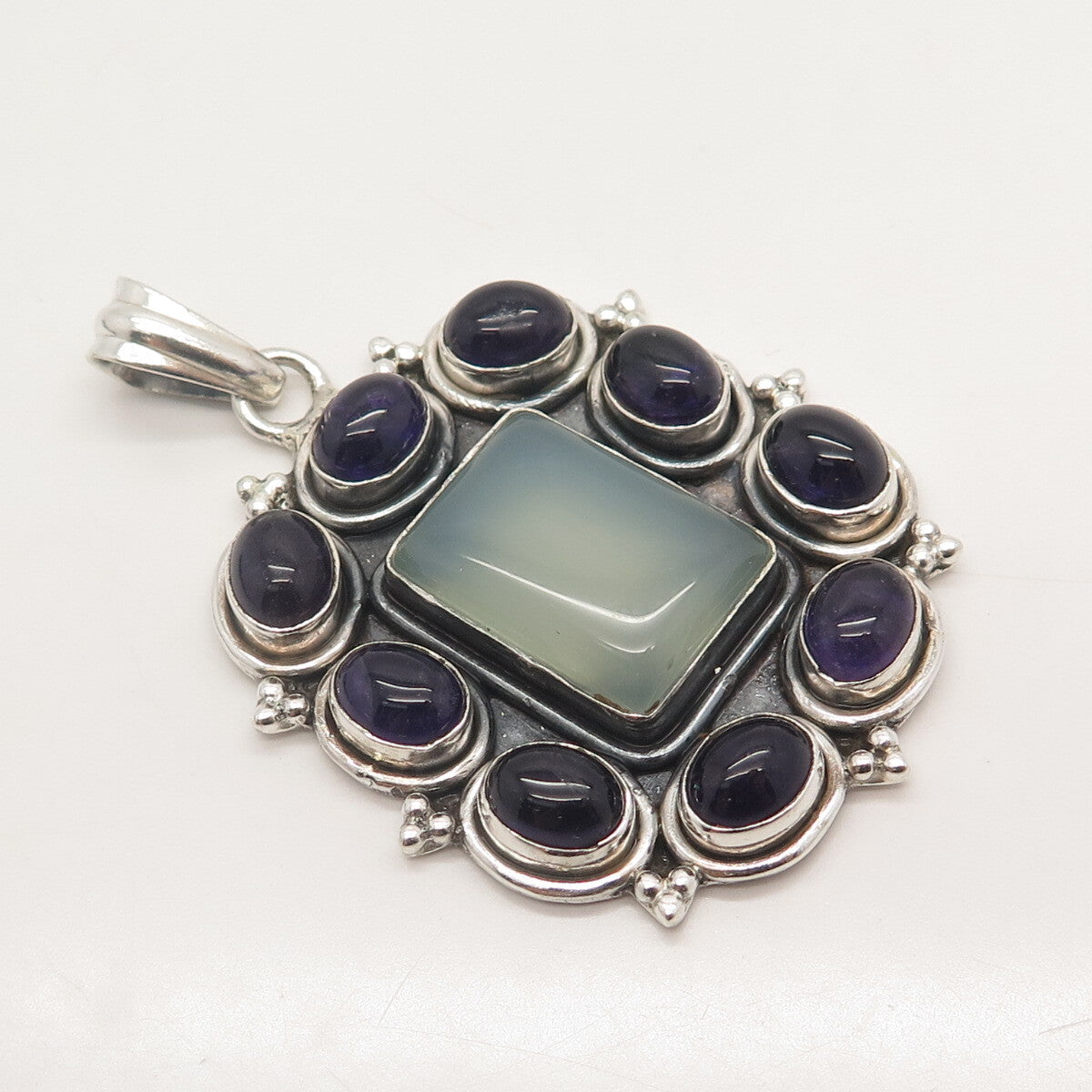925 Sterling Silver Vintage Real Amethyst & Blue Chalcedony Gem Beaded Pendant