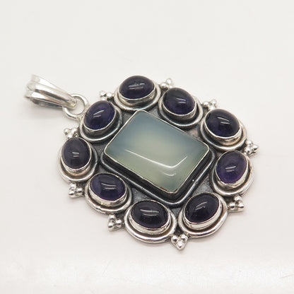 925 Sterling Silver Vintage Real Amethyst & Blue Chalcedony Gem Beaded Pendant