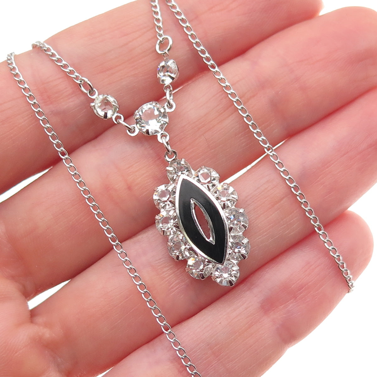 925 Sterling Silver Vintage Enamel & Rhinestone Curb Chain Necklace 16"