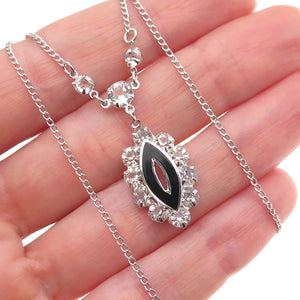 925 Sterling Silver Vintage Enamel & Rhinestone Curb Chain Necklace 16"