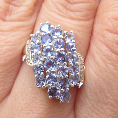 925 Sterling Silver Real Round-Cut Tanzanite & White Topaz Cluster Ring Size 7