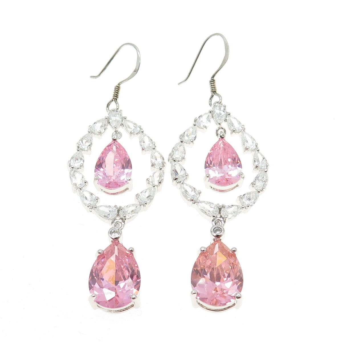 925 Sterling Silver White & Pink C Z Chandelier Dangle Hook Earrings