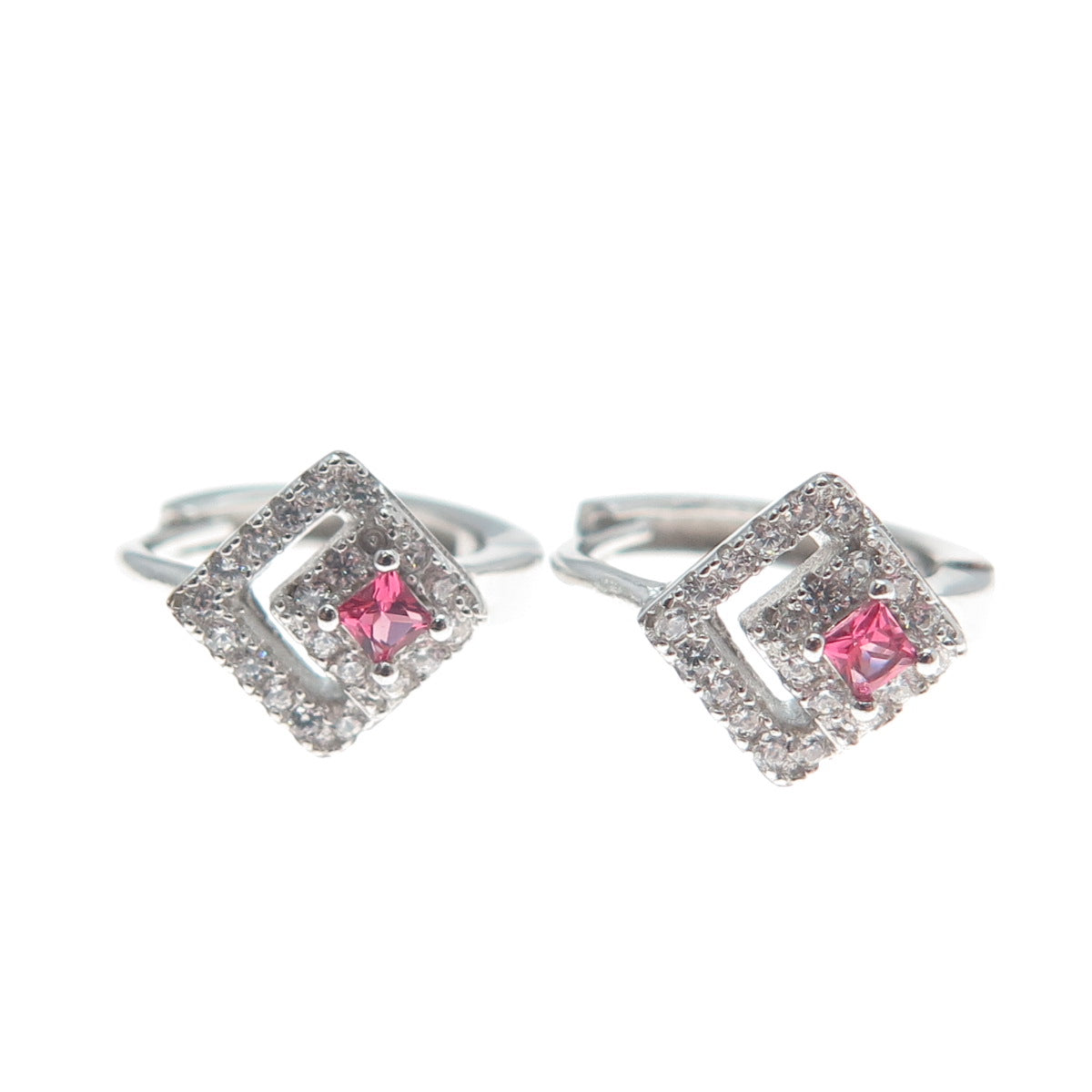 925 Sterling Silver Princess-Cut Pink & Round-Cut White C Z Hoop Earrings