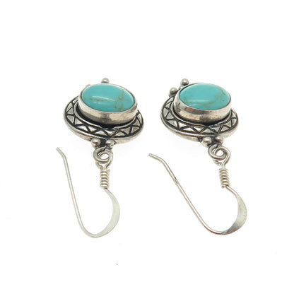 925 Sterling Silver Vintage Real Turquoise Gemstone Ethnic Dangling Earrings