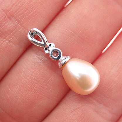 925 Sterling Silver Real Pearl & C Z Mini Slide Charm Pendant