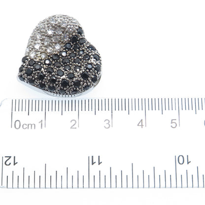 925 Sterling Silver Real Round-Cut Black Spinel & C Z Heart Slide Pendant