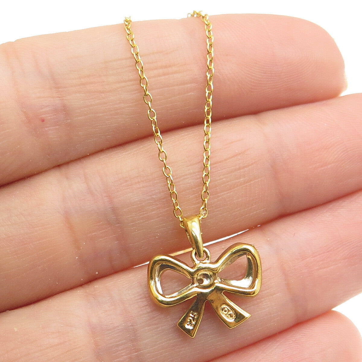 925 Sterling Silver Gold Plated Real Diamond Accent Bow Cable Chain Necklace 18"