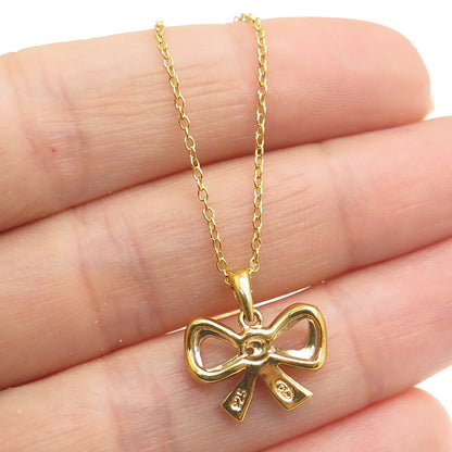 925 Sterling Silver Gold Plated Real Diamond Accent Bow Cable Chain Necklace 18"