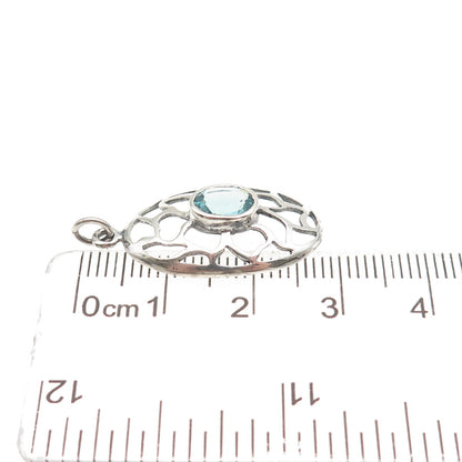 925 Sterling Silver Vintage Real Oval-Cut Blue Topaz Ornate Charm Pendant