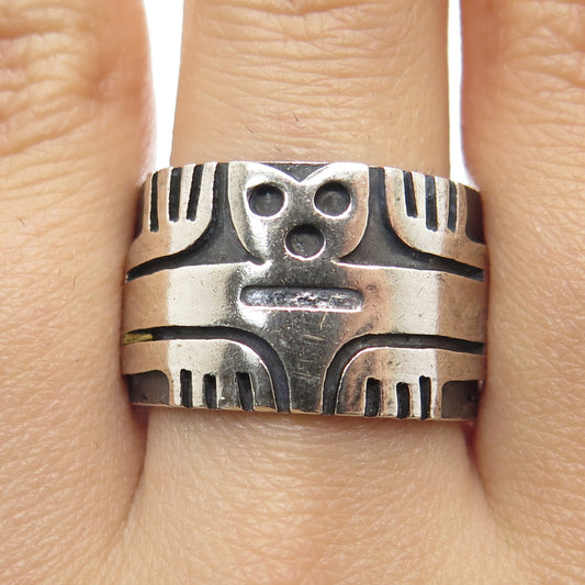 925 Sterling Silver Vintage Mexico Tribal Birds Oxidized Band Ring Size 8.5