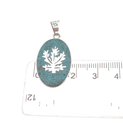 925 Sterling Silver Vintage Mexico Real Turquoise Inlay Cannabis Charm Pendant