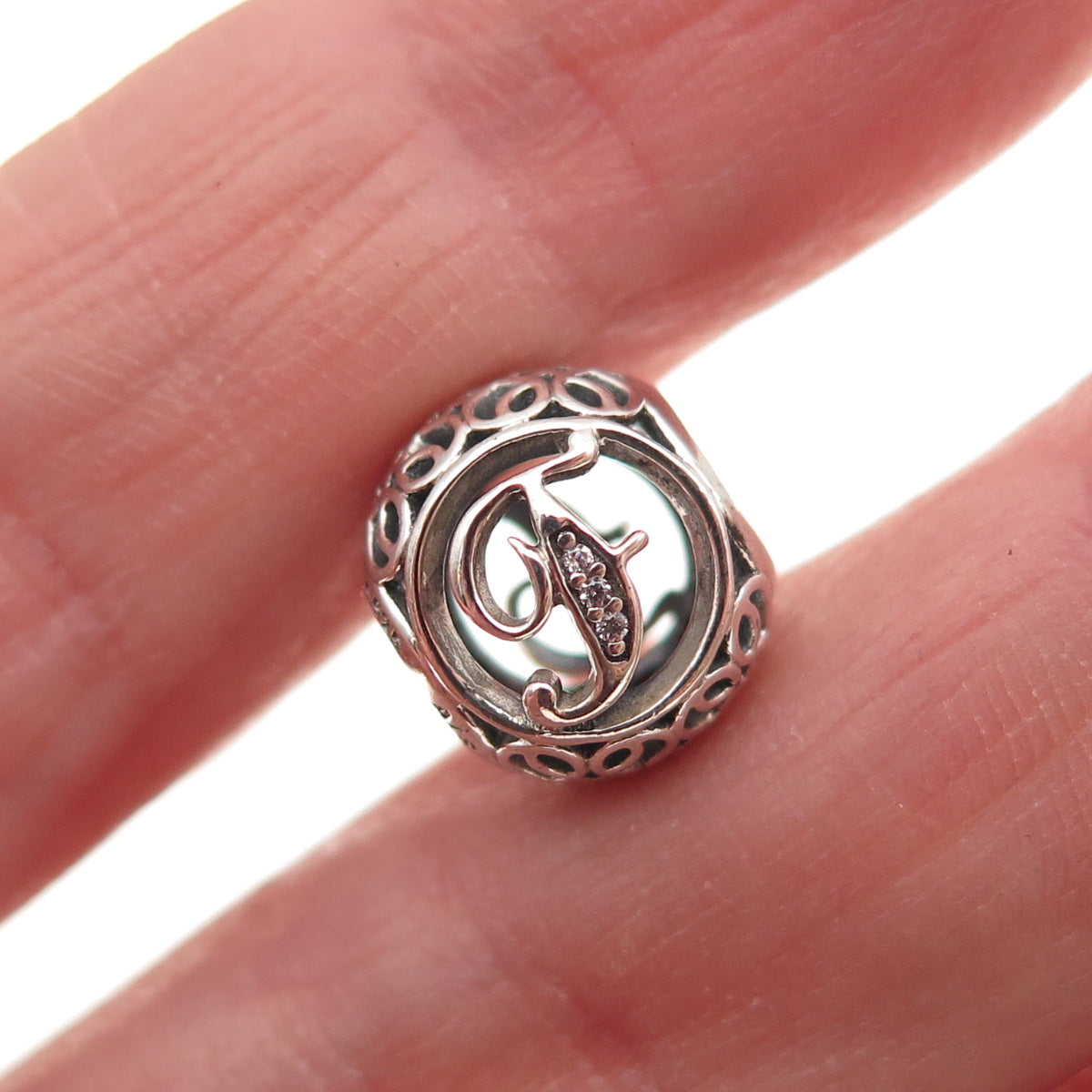 Pandora 925 Sterling Silver C Z Letter F Initial Slide Bead Charm