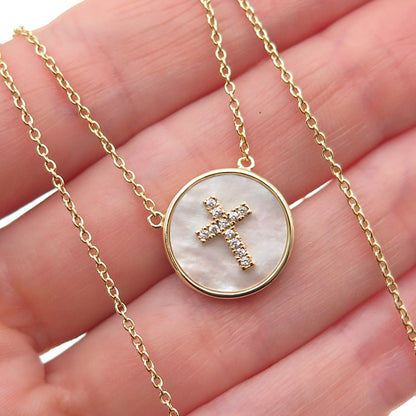 Han 925 Sterling Gold Plated Real MOP & C Z Cross Cable Chain Necklace 16-18"