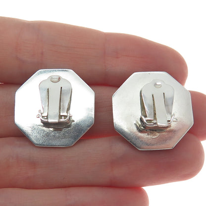 925 Sterling Silver Vintage Real Carnelian Granulated Oxidized Clip On Earrings