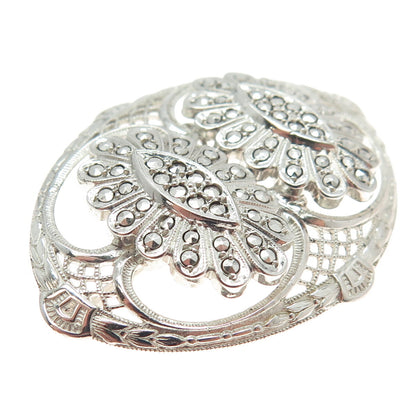 KILMER & DANIELS 925 Sterling Silver Antique Art Deco Marcasite Floral Brooch